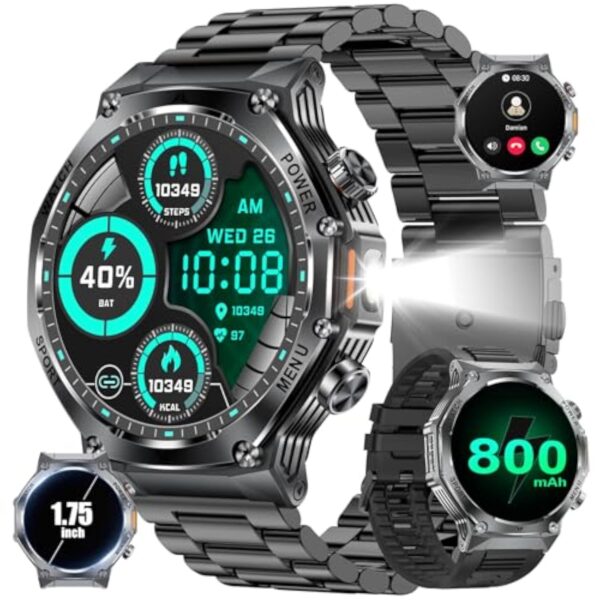 HIRREO Montre Connectée Homme Militaire avec Appel 800 mAh 900Heures Batterie Lampe Torche 10ATM Étanche Montre Intelligente avec 1.75'' Écran Tactile 100+ Modes Sportifs Android iOS