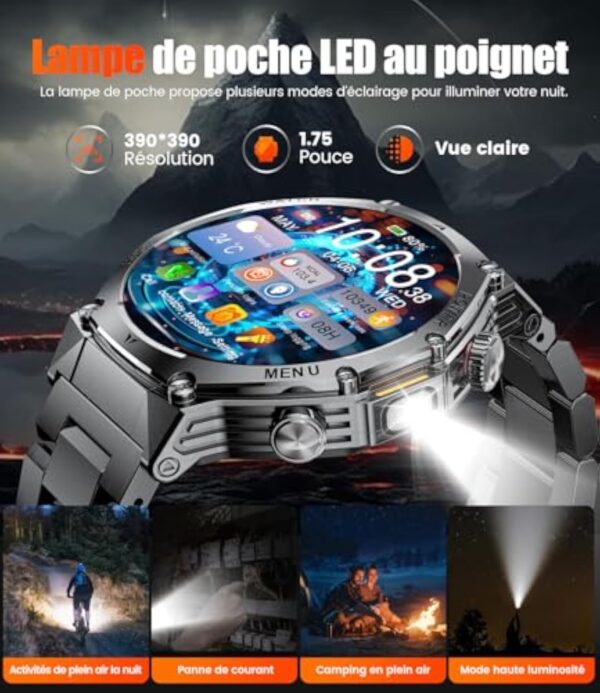 HIRREO Montre Connectée Homme Militaire avec Appel 800 mAh 900Heures Batterie Lampe Torche 10ATM Étanche Montre Intelligente avec 1.75'' Écran Tactile 100+ Modes Sportifs Android iOS – Image 3
