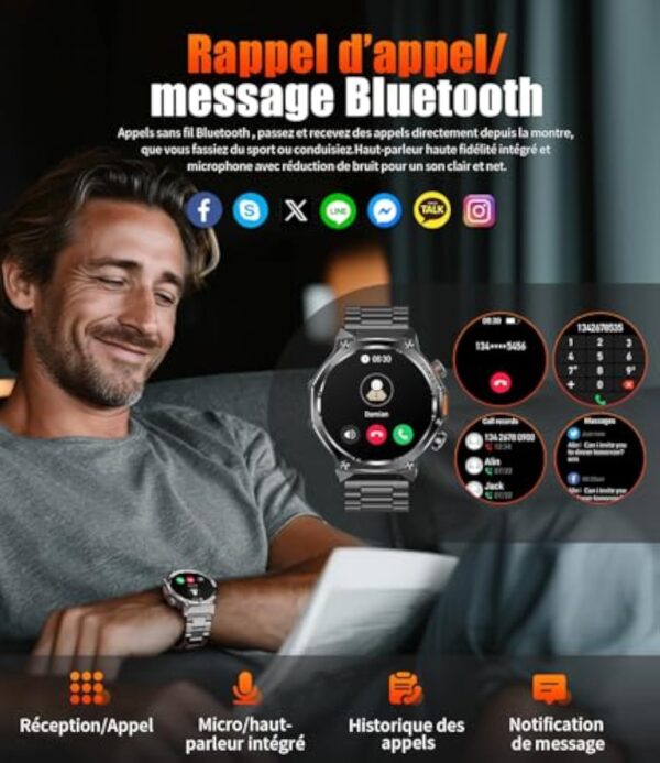 HIRREO Montre Connectée Homme Militaire avec Appel 800 mAh 900Heures Batterie Lampe Torche 10ATM Étanche Montre Intelligente avec 1.75'' Écran Tactile 100+ Modes Sportifs Android iOS – Image 4