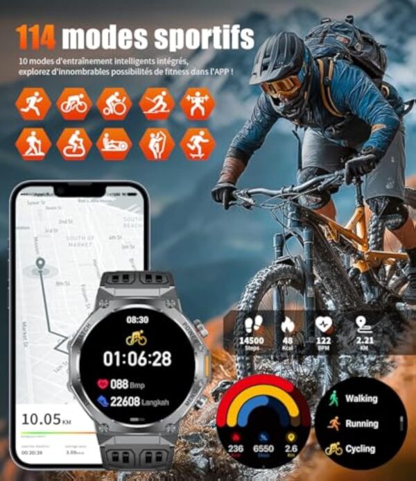 HIRREO Montre Connectée Homme Militaire avec Appel 800 mAh 900Heures Batterie Lampe Torche 10ATM Étanche Montre Intelligente avec 1.75'' Écran Tactile 100+ Modes Sportifs Android iOS – Image 6