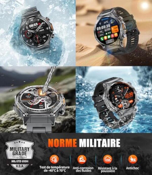 HIRREO Montre Connectée Homme Militaire avec Appel 800 mAh 900Heures Batterie Lampe Torche 10ATM Étanche Montre Intelligente avec 1.75'' Écran Tactile 100+ Modes Sportifs Android iOS – Image 7