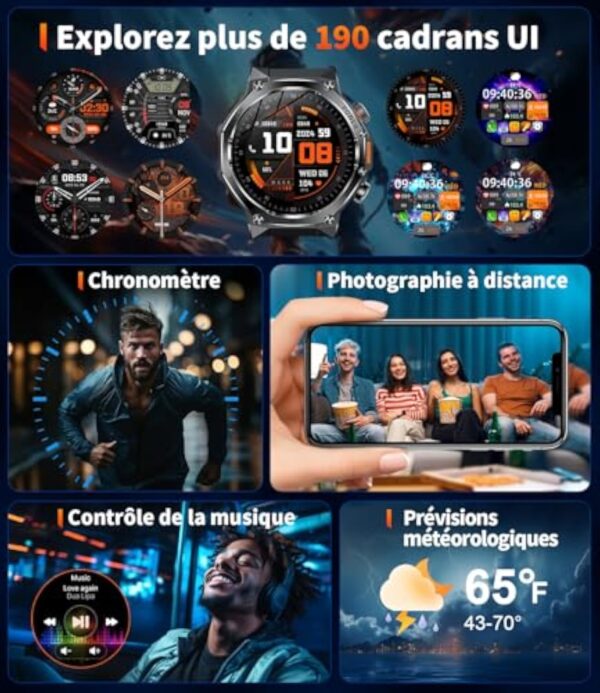 HIRREO Montre Connectée Homme Militaire avec Appel 800 mAh 900Heures Batterie Lampe Torche 10ATM Étanche Montre Intelligente avec 1.75'' Écran Tactile 100+ Modes Sportifs Android iOS – Image 8