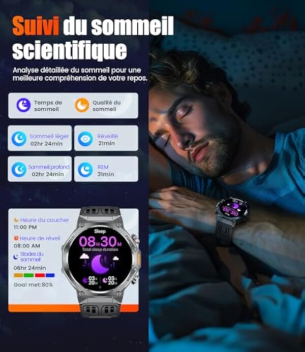 HIRREO Montre Connectée Homme Militaire avec Appel 800 mAh 900Heures Batterie Lampe Torche 10ATM Étanche Montre Intelligente avec 1.75'' Écran Tactile 100+ Modes Sportifs Android iOS – Image 9