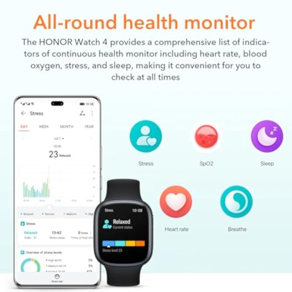 HONOR Watch 4 Montre Connectée, Bluetooth Calling, 1.75" AMOLED, GPS, 14 Jours D'autonomie, Spo2, Fréquence Cardiaque et Moniteur de Stress, 5ATM Smartwatch, Compatible avec Android et iOS, Noir – Image 7