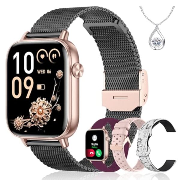 Iaret Montre Connectée Femme, 4 Bracelets, 1.83" Smartwatch, Fonction Féminine, Appels HD, 110+ Modes Sport, Podometre, Moniteur Cardiaque 24h/SpO2/Sommeil, Compatible iPhone/Android, Cadeau, Or Noir