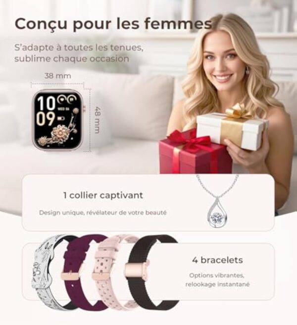 Iaret Montre Connectée Femme, 4 Bracelets, 1.83" Smartwatch, Fonction Féminine, Appels HD, 110+ Modes Sport, Podometre, Moniteur Cardiaque 24h/SpO2/Sommeil, Compatible iPhone/Android, Cadeau, Or Noir – Image 3