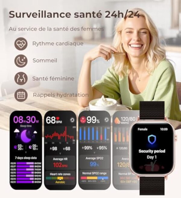 Iaret Montre Connectée Femme, 4 Bracelets, 1.83" Smartwatch, Fonction Féminine, Appels HD, 110+ Modes Sport, Podometre, Moniteur Cardiaque 24h/SpO2/Sommeil, Compatible iPhone/Android, Cadeau, Or Noir – Image 5