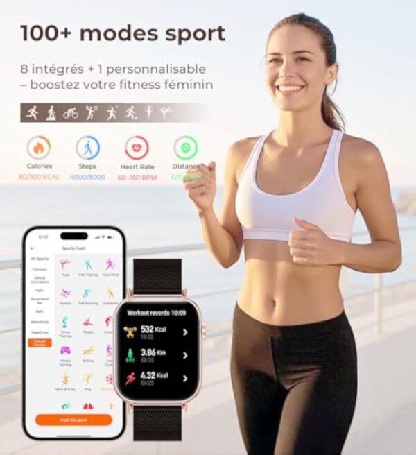 Iaret Montre Connectée Femme, 4 Bracelets, 1.83" Smartwatch, Fonction Féminine, Appels HD, 110+ Modes Sport, Podometre, Moniteur Cardiaque 24h/SpO2/Sommeil, Compatible iPhone/Android, Cadeau, Or Noir – Image 6