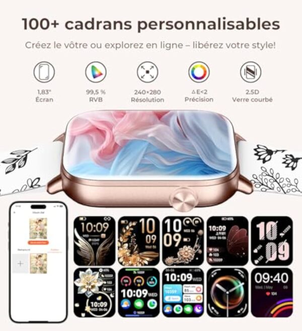 Iaret Montre Connectée Femme, 4 Bracelets, 1.83" Smartwatch, Fonction Féminine, Appels HD, 110+ Modes Sport, Podometre, Moniteur Cardiaque 24h/SpO2/Sommeil, Compatible iPhone/Android, Cadeau, Or Noir – Image 7