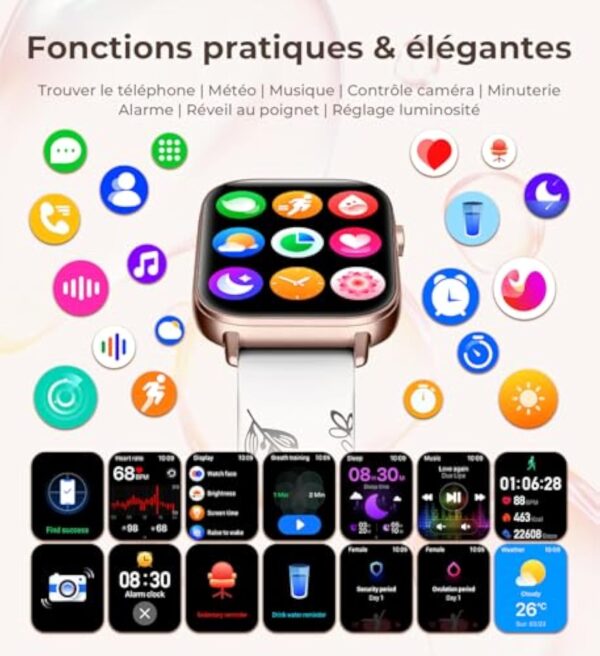 Iaret Montre Connectée Femme, 4 Bracelets, 1.83" Smartwatch, Fonction Féminine, Appels HD, 110+ Modes Sport, Podometre, Moniteur Cardiaque 24h/SpO2/Sommeil, Compatible iPhone/Android, Cadeau, Or Noir – Image 8