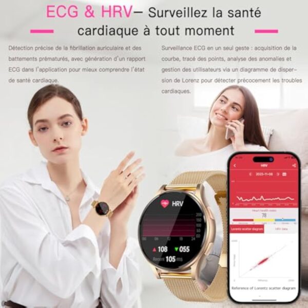 Lgnitek Montre Connectée Femme avec ECG+HRV/𝐆𝐥𝐲𝐜é𝐦𝐢𝐞/IMC, 1,43" Grand Écran AMOLED Smartwatch Femme avec Fonction Féminine, 24H Fréquence Cardiaque, Sommeil, SpO2, Podomètre pour Android iOS – Image 3