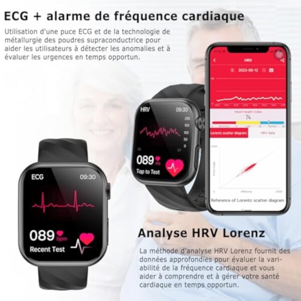 Marsyu Montre Intelligente 𝐆𝐥𝐲𝐜é𝐦𝐢𝐞 𝐄𝐂𝐆+HRV/Acide Urique/BMI Hommes Femmes,1.97"AMOLED Montre Connectée Santé avec Fonction Téléphone/Fréquence Cardiaque/SPO2/Moniteur Sommeil Montre Fitness – Image 3