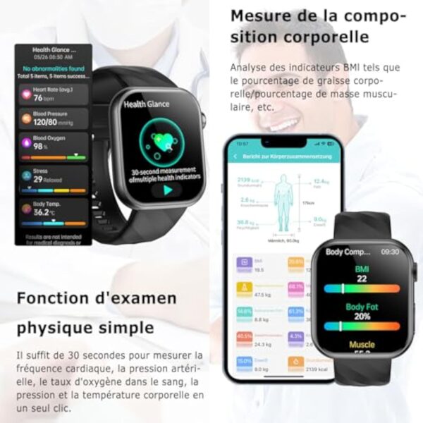 Marsyu Montre Intelligente 𝐆𝐥𝐲𝐜é𝐦𝐢𝐞 𝐄𝐂𝐆+HRV/Acide Urique/BMI Hommes Femmes,1.97"AMOLED Montre Connectée Santé avec Fonction Téléphone/Fréquence Cardiaque/SPO2/Moniteur Sommeil Montre Fitness – Image 4