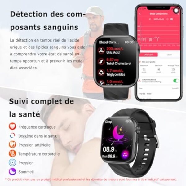 Marsyu Montre Intelligente 𝐆𝐥𝐲𝐜é𝐦𝐢𝐞 𝐄𝐂𝐆+HRV/Acide Urique/BMI Hommes Femmes,1.97"AMOLED Montre Connectée Santé avec Fonction Téléphone/Fréquence Cardiaque/SPO2/Moniteur Sommeil Montre Fitness – Image 6