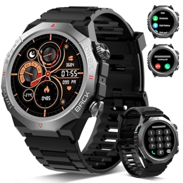 Militaire Montre Connectée Homme Femme avec Appel Bluetooth, 1.39" HD Smartwatch Motre Sport avec 110+ Modes Sportifs, Podometre Cardiofrequencemetre Sommeil, Etanche IP68 pour Android/iOS, Noir