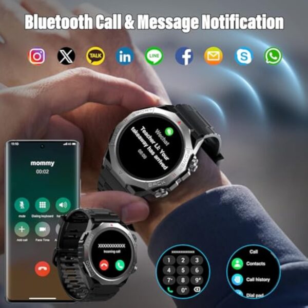 Militaire Montre Connectée Homme Femme avec Appel Bluetooth, 1.39" HD Smartwatch Motre Sport avec 110+ Modes Sportifs, Podometre Cardiofrequencemetre Sommeil, Etanche IP68 pour Android/iOS, Noir – Image 3