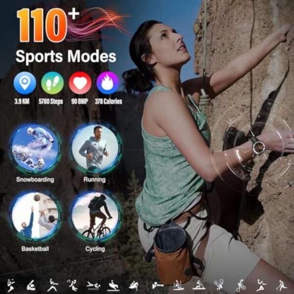 Militaire Montre Connectée Homme Femme avec Appel Bluetooth, 1.39" HD Smartwatch Motre Sport avec 110+ Modes Sportifs, Podometre Cardiofrequencemetre Sommeil, Etanche IP68 pour Android/iOS, Noir – Image 4