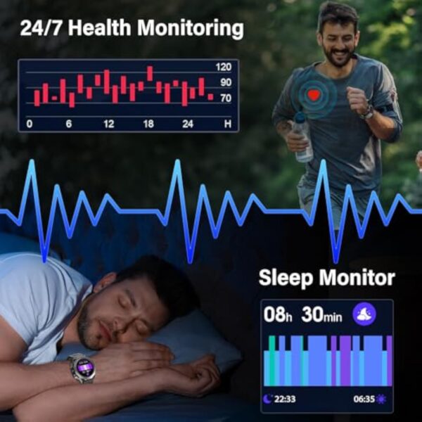 Militaire Montre Connectée Homme Femme avec Appel Bluetooth, 1.39" HD Smartwatch Motre Sport avec 110+ Modes Sportifs, Podometre Cardiofrequencemetre Sommeil, Etanche IP68 pour Android/iOS, Noir – Image 6