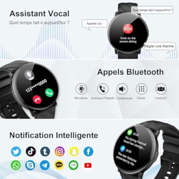 Montre Connectée Homme Femme, 1,39“ HD Écran Tactile Smartwatch Avec Appels Bluetooth , 112+ Sportifs Modes Montre, Montre Intelligente de Surveiller Cardio, Podometre et Sommeil pour Android iOS Noir – Image 3