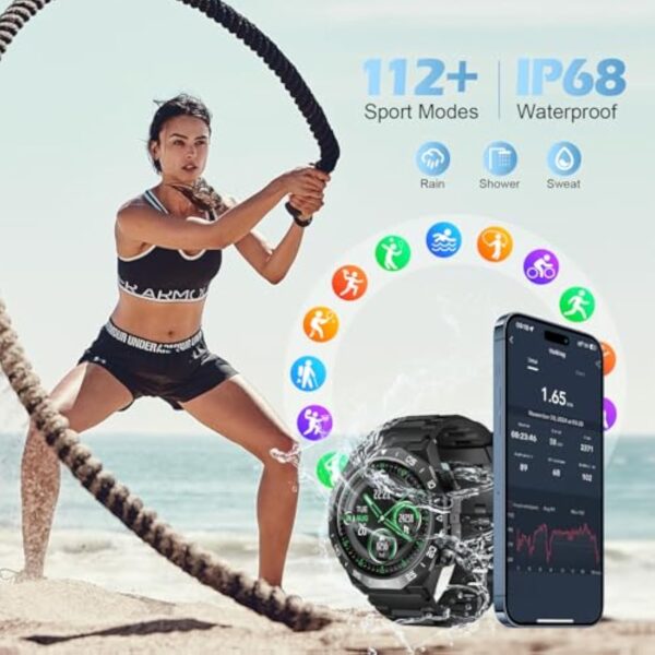 Montre Connectée Homme Femme ave Appel Bluetooth,1.39" HD Écran Tactile Intelligent,112+ Modes Sportifs,Etanche IP68 Montre Connectée Homme,SpO2/Cardiaque ave Sommeil/Podometre pour Android/iOS,Noir – Image 4