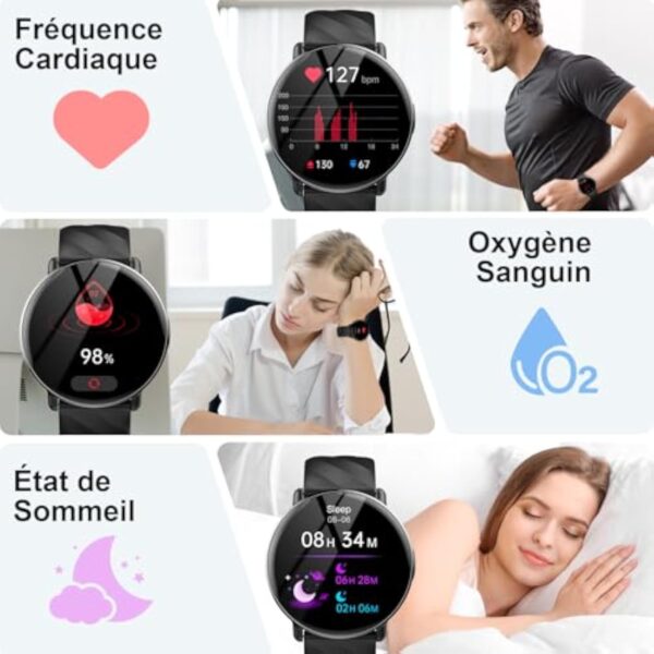 Montre Connectée Homme Femme, 1,39“ HD Écran Tactile Smartwatch Avec Appels Bluetooth , 112+ Sportifs Modes Montre, Montre Intelligente de Surveiller Cardio, Podometre et Sommeil pour Android iOS Noir – Image 4