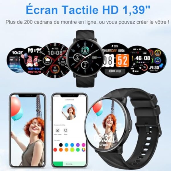 Montre Connectée Homme Femme, 1,39“ HD Écran Tactile Smartwatch Avec Appels Bluetooth , 112+ Sportifs Modes Montre, Montre Intelligente de Surveiller Cardio, Podometre et Sommeil pour Android iOS Noir – Image 7