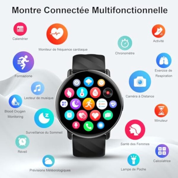 Montre Connectée Homme Femme, 1,39“ HD Écran Tactile Smartwatch Avec Appels Bluetooth , 112+ Sportifs Modes Montre, Montre Intelligente de Surveiller Cardio, Podometre et Sommeil pour Android iOS Noir – Image 8