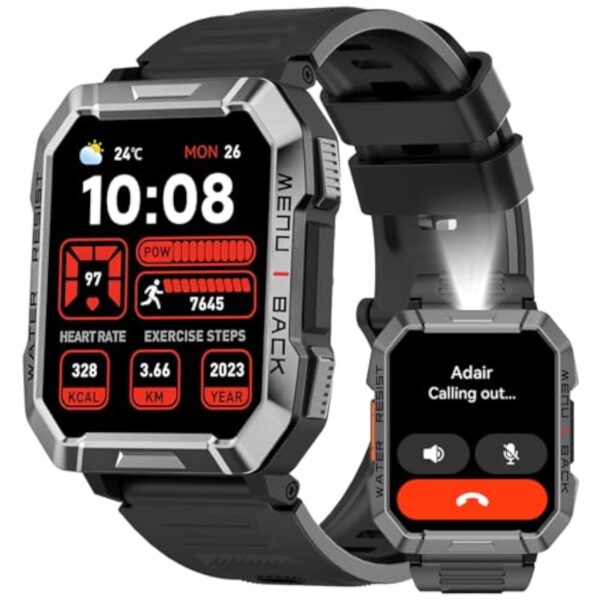 OSCAL Montre connectée Militaire pour Homme avec Batterie de 100 Jours, appels, Torche, Boussole, fréquence Cardiaque et Moniteur SpO2, Analyse du Sommeil, Tracker de Fitness pour iPhone et Android