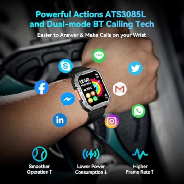 OSCAL Montre connectée Militaire pour Homme avec Batterie de 100 Jours, appels, Torche, Boussole, fréquence Cardiaque et Moniteur SpO2, Analyse du Sommeil, Tracker de Fitness pour iPhone et Android – Image 7