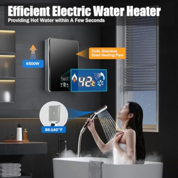 OUBUBY Chauffe-eau électrique instantané - Affichage numérique avec buse de douche - Chauffe-eau électrique sans réservoir - Température réglable 30 à 60 °C - 220 V 6500 W - Noir – Image 3