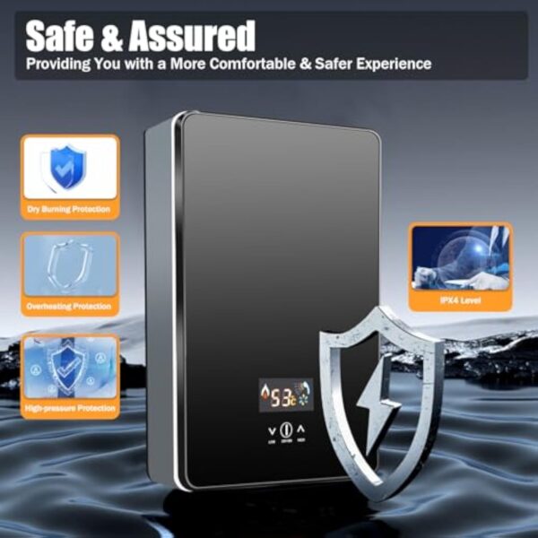 OUBUBY Chauffe-eau électrique instantané - Affichage numérique avec buse de douche - Chauffe-eau électrique sans réservoir - Température réglable 30 à 60 °C - 220 V 6500 W - Noir – Image 4