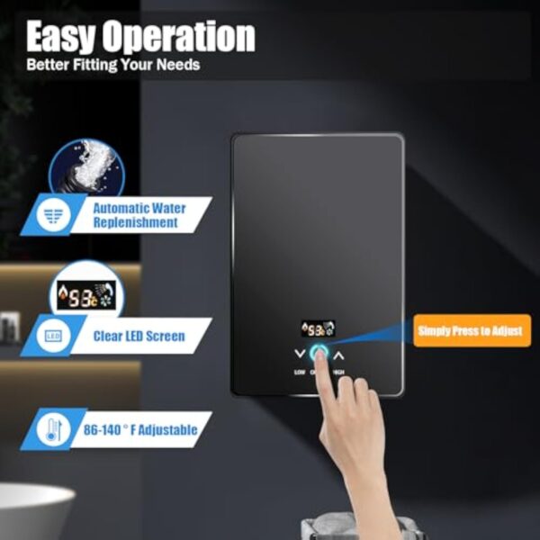 OUBUBY Chauffe-eau électrique instantané - Affichage numérique avec buse de douche - Chauffe-eau électrique sans réservoir - Température réglable 30 à 60 °C - 220 V 6500 W - Noir – Image 6