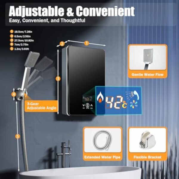 OUBUBY Chauffe-eau électrique instantané - Affichage numérique avec buse de douche - Chauffe-eau électrique sans réservoir - Température réglable 30 à 60 °C - 220 V 6500 W - Noir – Image 8