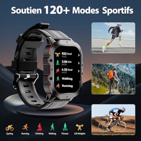 OUKITEL Montre Connectée Homme,1.96"HD Smartwatch avec Appel Bluetooth,100+Mode Sportifs,Montre Sport pour Surveiller Cardio,Podometre,Sommeil,Étanche 5ATM,Montre Connectée Militaire pour Android iOS – Image 6