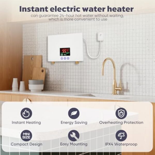 Petit Chauffe eau electrique instantané,mini chauffe-eau électrique, affichage LED,Chauffe-eau Électrique avec Écran Tactile et Télécommande,chauffe-eau 5.5KW pour cuisine (Classe énergétique A) – Image 5