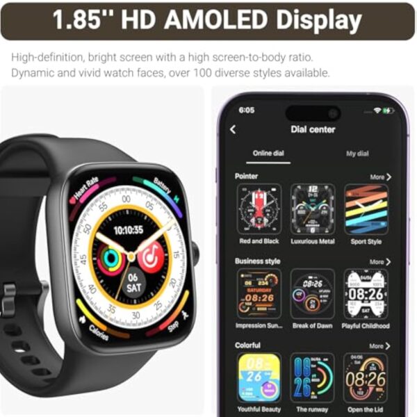 TOZO S7 Montre Connectée Femme Homme avec 1.85" AMOLED Écran Résolution 390x450 PPI Smartwatch avec Bluetooth Appel et Message Multiples Fonctions de Santé et Vie 100+ Modes Sportifs IP68 Noir – Image 7