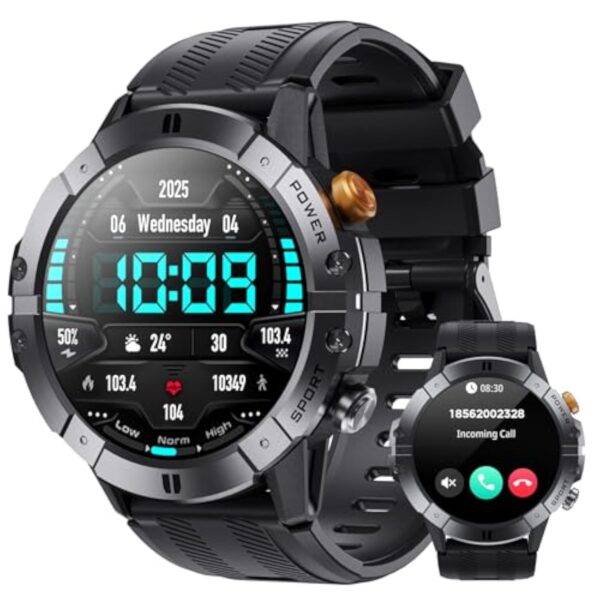 VIRAN Montre Connectée Homme, 1.52" Militaire Smartwatch avec Appel Bluetooth et Moniteur de Pression Artérielle/Fréquence Cardiaque/Sommeil, Smart Watch étanche IP68 pour Android et iOS (Noir) – Image 2