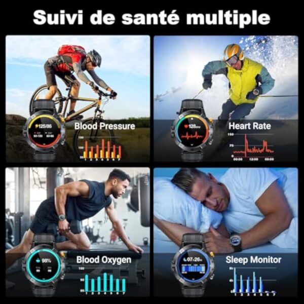 VIRAN Montre Connectée Homme, 1.52" Militaire Smartwatch avec Appel Bluetooth et Moniteur de Pression Artérielle/Fréquence Cardiaque/Sommeil, Smart Watch étanche IP68 pour Android et iOS (Noir) – Image 6