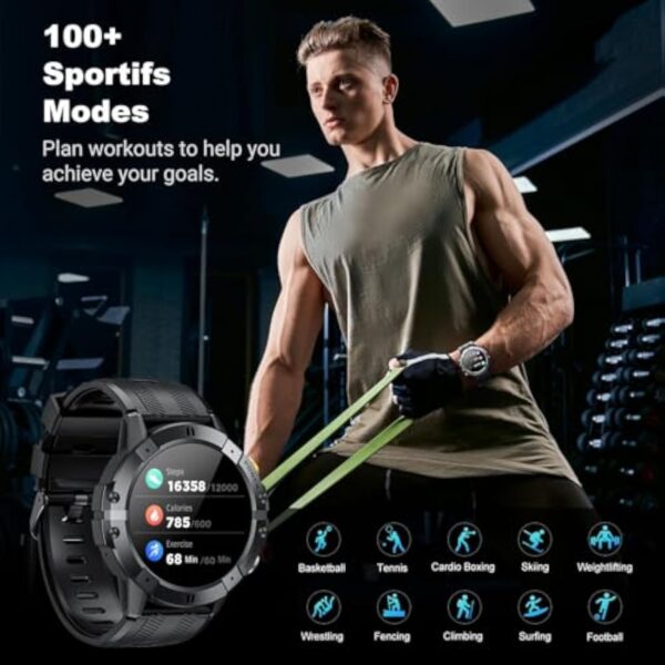 VIRAN Montre Connectée Homme, 1.52" Militaire Smartwatch avec Appel Bluetooth et Moniteur de Pression Artérielle/Fréquence Cardiaque/Sommeil, Smart Watch étanche IP68 pour Android et iOS (Noir) – Image 7