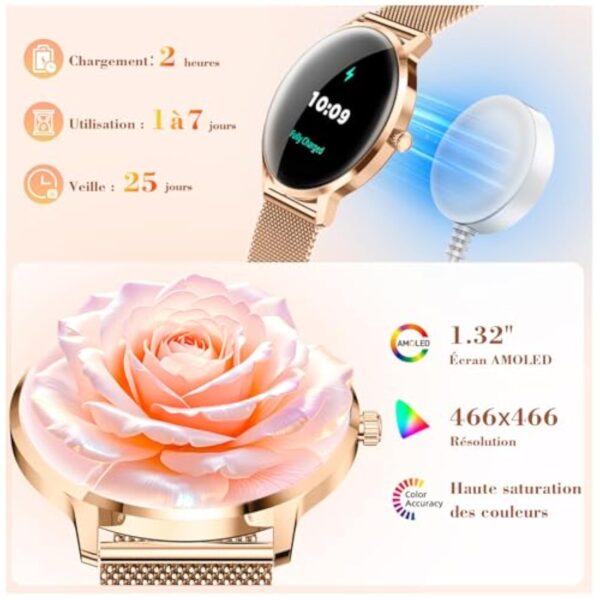 WalkerFit Montre Connectée Femme 2025, Écran AMOLED 40mm Ultra-Fin Courbé, Chargeur Magnétique, Montre Sport Femme avec Fonction Féminine/IP68 Étanche, Smartwatch pour Android iOS – Image 3