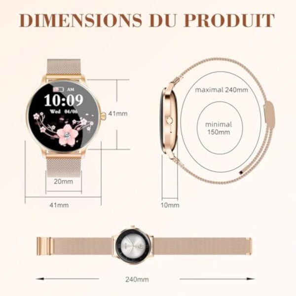 WalkerFit Montre Connectée Femme 2025, Écran AMOLED 40mm Ultra-Fin Courbé, Chargeur Magnétique, Montre Sport Femme avec Fonction Féminine/IP68 Étanche, Smartwatch pour Android iOS – Image 10