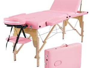 Abician Table de Massage Pliante Réglable en 8 Hauteurs Table de Massage Portable 3 Sections Pieds en Bois Massif Dossier Têtière Repose-Bras Hamac 213 x 80 x 84,5 cm Rose