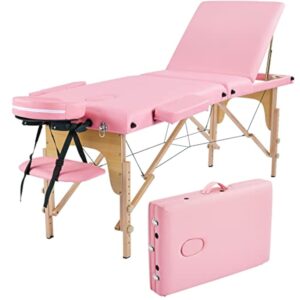Abician Table de Massage Pliante Réglable en 8 Hauteurs Table de Massage Portable 3 Sections Pieds en Bois Massif Dossier Têtière Repose-Bras Hamac 213 x 80 x 84,5 cm Rose