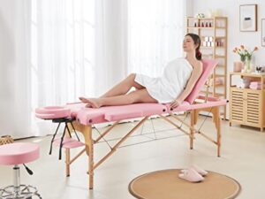 Abician Table de Massage Pliante Réglable en 8 Hauteurs Table de Massage Portable 3 Sections Pieds en Bois Massif Dossier Têtière Repose-Bras Hamac 213 x 80 x 84,5 cm Rose