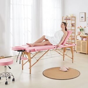 Abician Table de Massage Pliante Réglable en 8 Hauteurs Table de Massage Portable 3 Sections Pieds en Bois Massif Dossier Têtière Repose-Bras Hamac 213 x 80 x 84,5 cm Rose