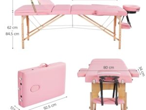 Abician Table de Massage Pliante Réglable en 8 Hauteurs Table de Massage Portable 3 Sections Pieds en Bois Massif Dossier Têtière Repose-Bras Hamac 213 x 80 x 84,5 cm Rose
