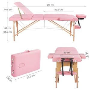 Abician Table de Massage Pliante Réglable en 8 Hauteurs Table de Massage Portable 3 Sections Pieds en Bois Massif Dossier Têtière Repose-Bras Hamac 213 x 80 x 84,5 cm Rose