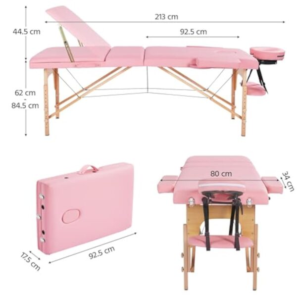 Abician Table de Massage Pliante Réglable en 8 Hauteurs Table de Massage Portable 3 Sections Pieds en Bois Massif Dossier Têtière Repose-Bras Hamac 213 x 80 x 84,5 cm Rose – Image 4