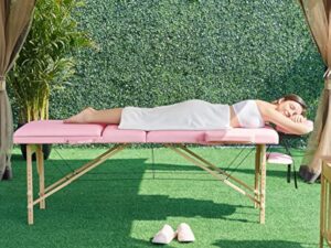 Abician Table de Massage Pliante Réglable en 8 Hauteurs Table de Massage Portable 3 Sections Pieds en Bois Massif Dossier Têtière Repose-Bras Hamac 213 x 80 x 84,5 cm Rose