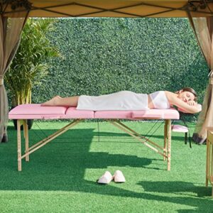 Abician Table de Massage Pliante Réglable en 8 Hauteurs Table de Massage Portable 3 Sections Pieds en Bois Massif Dossier Têtière Repose-Bras Hamac 213 x 80 x 84,5 cm Rose